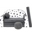 Childrens sofa bed type W, Fold Out Sofa Foam Bed for children + free pillow and pouffe, gray with stars
