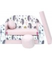Childrens sofa bed type W, Fold Out Sofa Foam Bed for children + free pillow and pouffe, Pink with hedgehogs