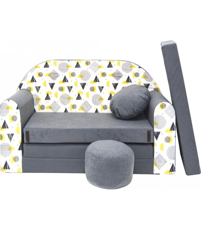 Childrens sofa bed type W, Fold Out Sofa Foam Bed for children + free pillow and pouffe, gray with geometric figures