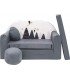 Childrens sofa bed type W, Fold Out Sofa Foam Bed for children + free pillow and pouffe,  gray with mountains