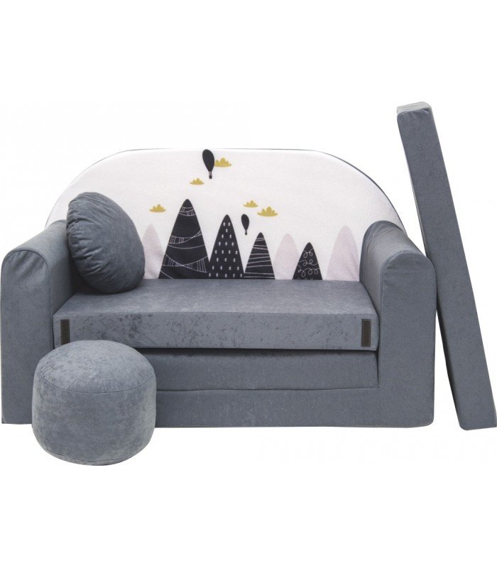 Childrens sofa bed type W, Fold Out Sofa Foam Bed for children + free pillow and pouffe,  gray with mountains