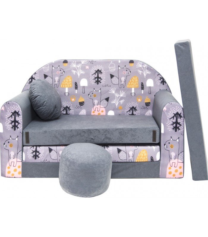 Childrens sofa bed type W, Fold Out Sofa Foam Bed for children + free pillow and pouffe,  gray with squirrels in the forest