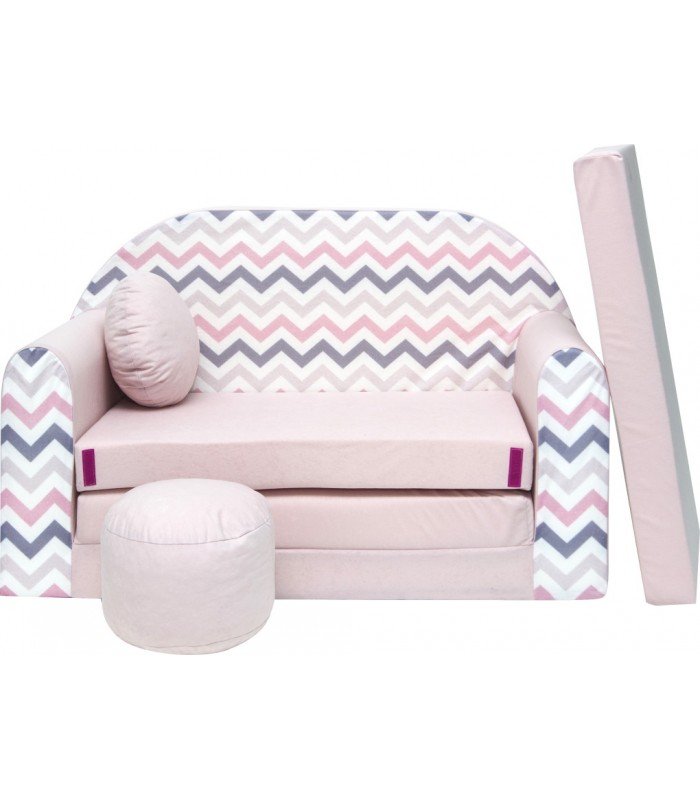 Childrens sofa bed type W, Fold Out Sofa Foam Bed for children + free pillow and pouffe, pink with zigzags