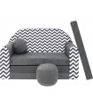 Childrens sofa bed type W, Fold Out Sofa Foam Bed for children + free pillow and pouffe, graphite with zigzags