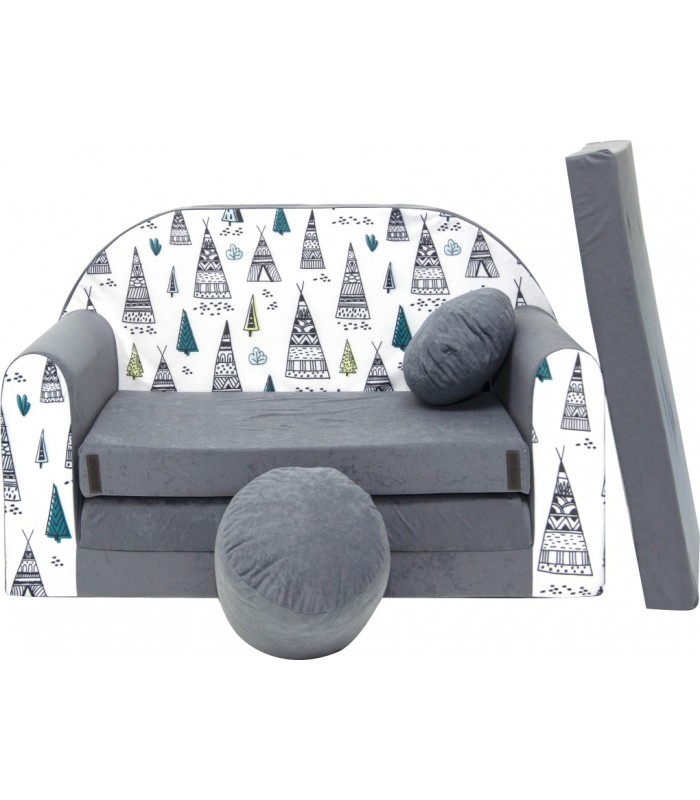 Childrens sofa bed type W, Fold Out Sofa Foam Bed for children + free pillow and pouffe, gray with teepee
