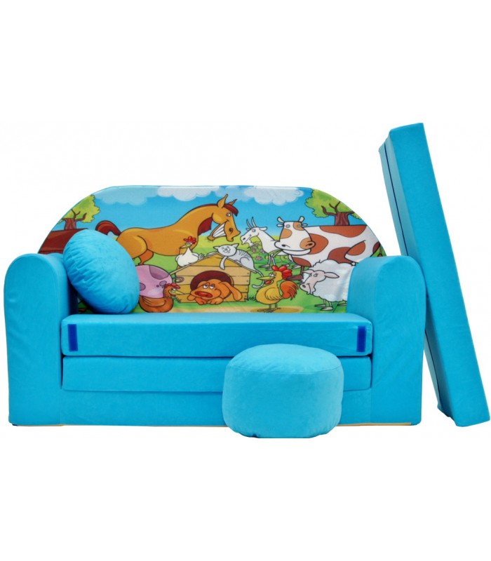 Childrens sofa bed type W, Fold Out Sofa Foam Bed for children + free pillow and pouffe WB5