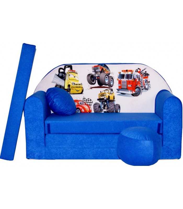 Childrens sofa bed type W, Fold Out Sofa Foam Bed for children + free pillow and pouffe WC14