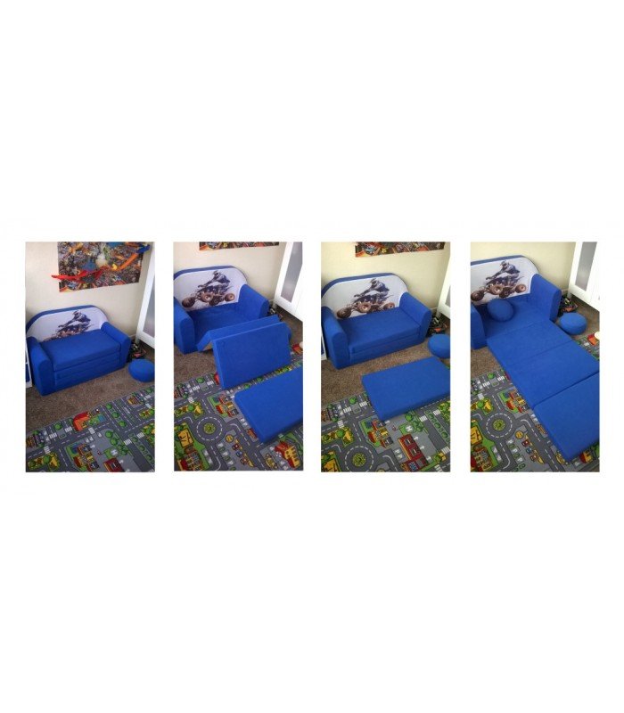 Childrens sofa bed type W, Fold Out Sofa Foam Bed for children + free pillow and pouffe, gray with stars